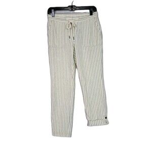 Womens Linen Cotton Striped Pants Sz XS Roll Tab Cream/Gray Beachy Resort Boho